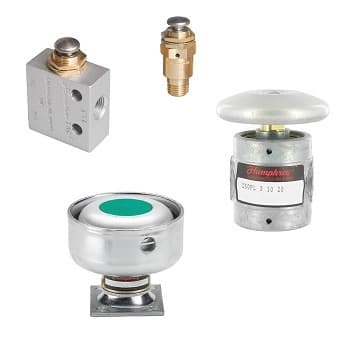 Humphrey push-operated pneumatic valves including block-body, inline, panel-mount, and mushroom-head button styles