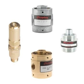 Humphrey small 2 and 3-way air piloted valves in brass and aluminum, including inline and block-body styles
