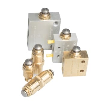 TAC miniature push button pneumatic valves in brass and aluminum, showing multiple body sizes and configurations
