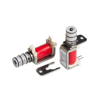 Two Humphrey CVS series miniature solenoid valves with red coils and metal mounting brackets, shown assembled and disassembled.