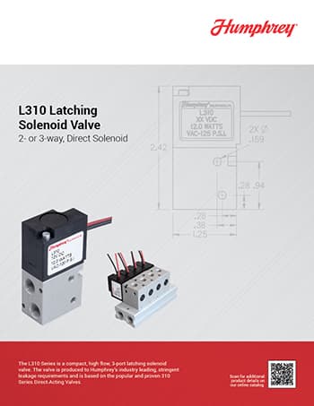 Humphrey L310 Latching Solenoid Valve brochure cover showing 2- or 3-way direct solenoid valve photo and dimensional drawing