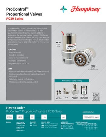 Humphrey ProControl PC30 Series proportional valve product brochure cover showing inline and manifold mount valve configurations