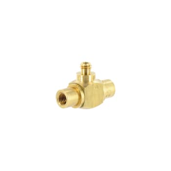 Brass miniature quick exhaust valve with T-body configuration and threaded ports on white background.