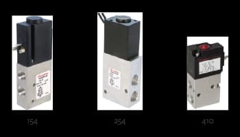 4-way Direct Acting Solenoid Valve Solutions for Oxygen Three Humphrey solenoid valves for oxygen concentrators: models 154, 254, and 410, shown side by side