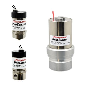 Small 2-Port Proportional Solenoid Valves Humphrey ProControl small 2-port proportional solenoid valves, multiple sizes shown, stainless steel bodies with label markings