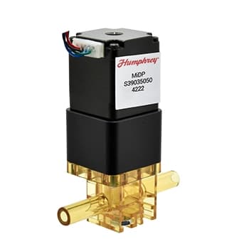 MiDP 390 Valve Humphrey MiDP390 inert proportional solenoid valve with black actuator body and clear brass manifold base with barb fittings