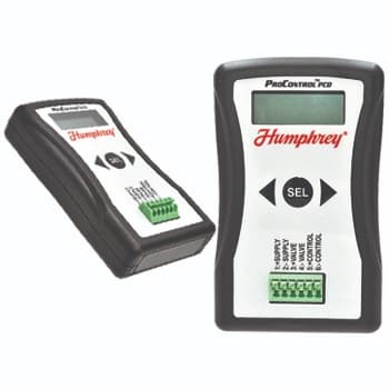 PCD Proportional Valve Driver Humphrey ProControl PCD proportional valve driver unit shown from front and side angles with LCD display and terminal connectors