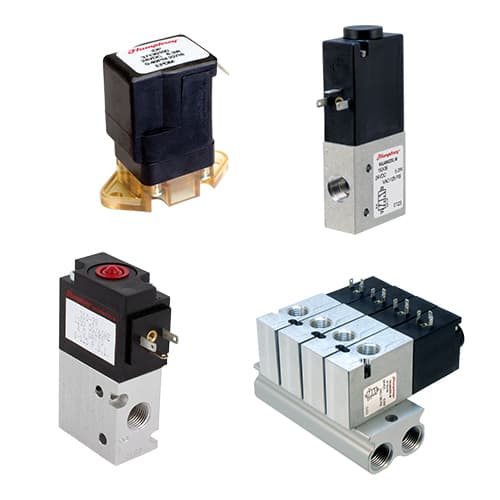 Small 2-Way and 3-Way Solenoid Valves Humphrey small 2-way and 3-way pneumatic solenoid valves, showing four valve styles including brass body, aluminum body, and manifold-mounted configurations.