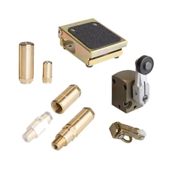 TAC Miniature Push Button Valve Operators Assortment of TAC system pneumatic valve operators including brass push button, roller lever, and foot pedal operator styles