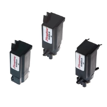 iDP 300 Series Valve Three Humphrey IDP series inert solenoid valves, black compact body with bottom port fittings, shown in a group arrangement.