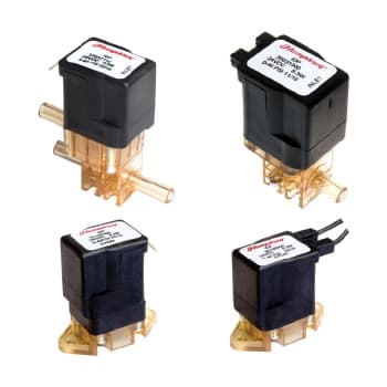 iDP 350 and 370 Valve Series Humphrey IDP 350-370 inert solenoid valves, four configurations shown with black coils and clear brass bodies