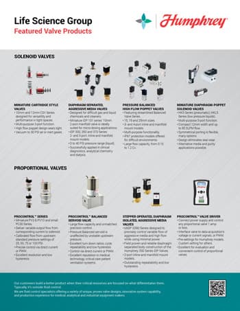 Life Science Group Featured Valve Products Download Humphrey Life Science Group featured valve products line card showing solenoid and proportional valves with descriptions and product images.