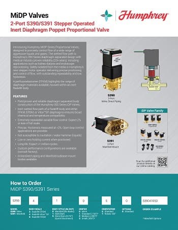MiDP Series Proportional S390 and S391 Valves Brochure Humphrey MiDP S390/S391 proportional valve spec sheet showing product features, ordering guide, and valve family images